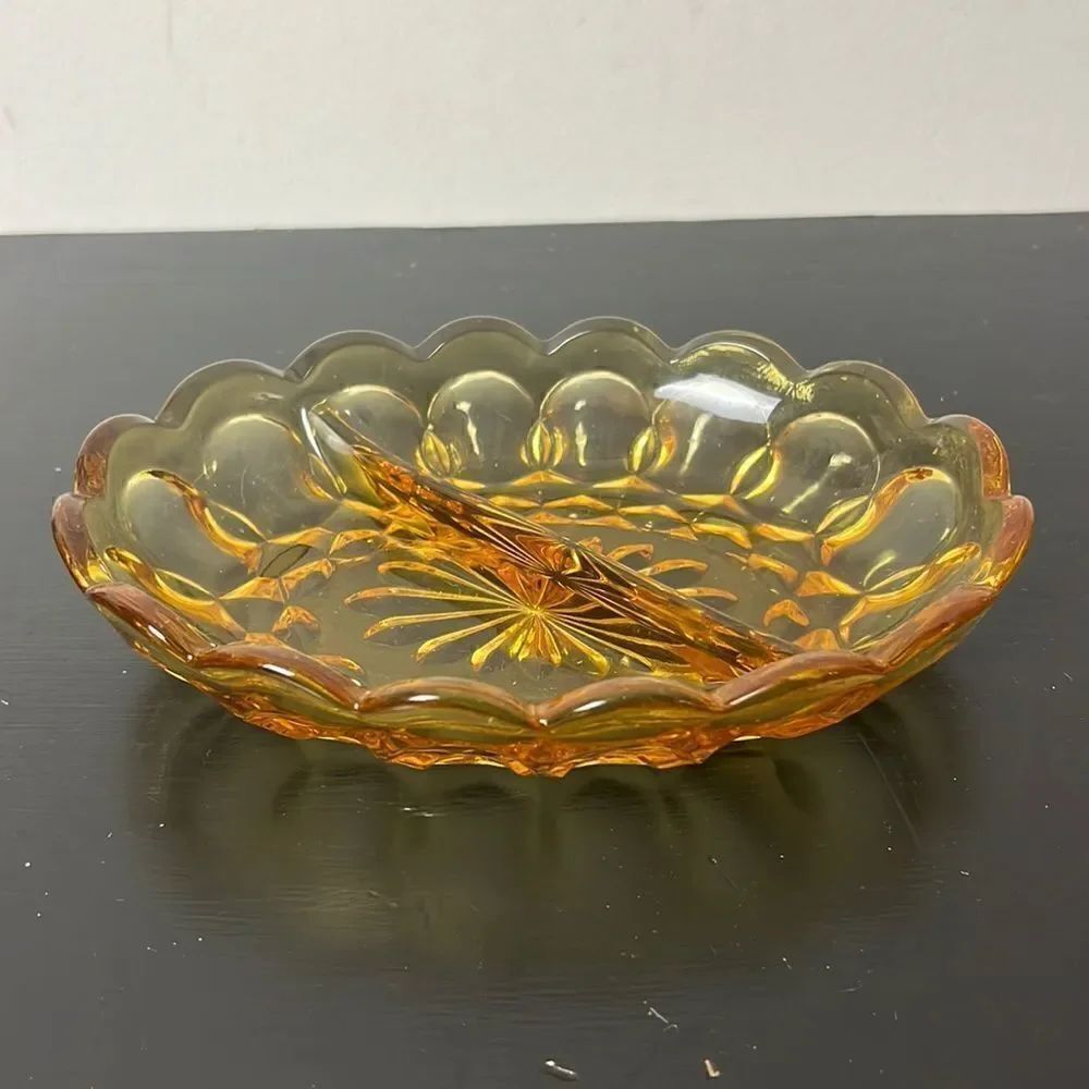 Vintage Indiana Amber Glass Oval Divided Candy Dish